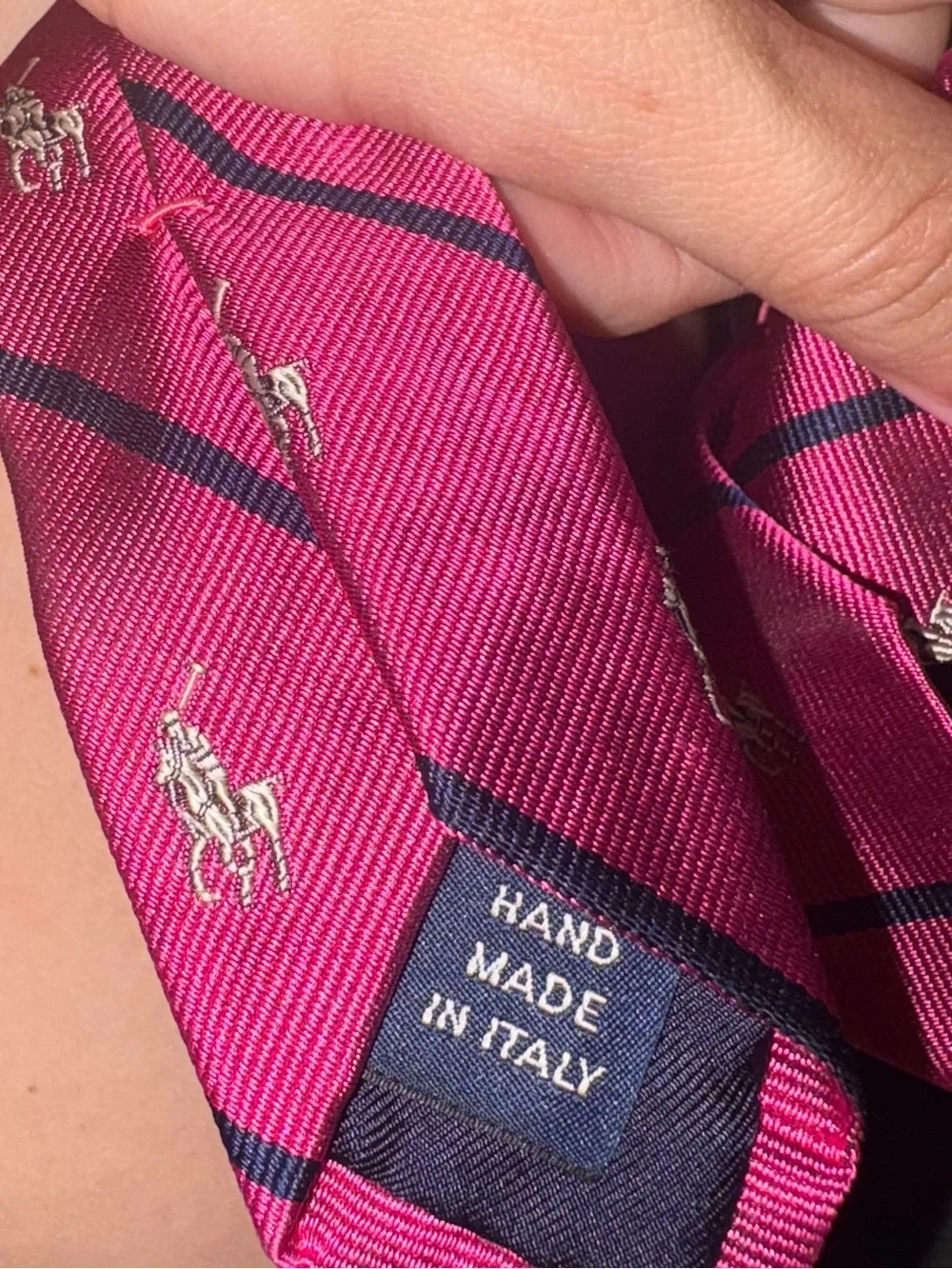 Men's Ralph Lauren 100% silk Italian Pink Striped Tie with Repeating polo